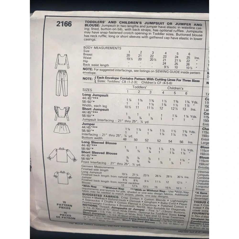 1985 McCalls 2166 VTG Sewing Pattern Childrens Jumpsuit Jumper Blouse Size 1 2 3